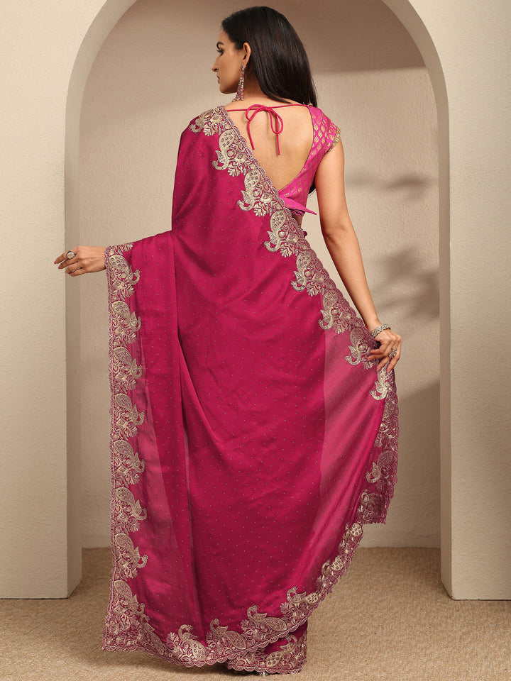 Magenta Embellished Silk Blend Saree With Unstitched Blouse Piece