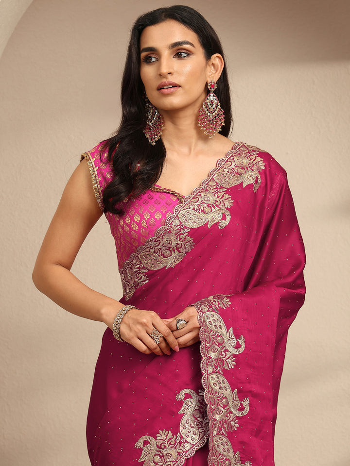 Magenta Embellished Silk Blend Saree With Unstitched Blouse Piece