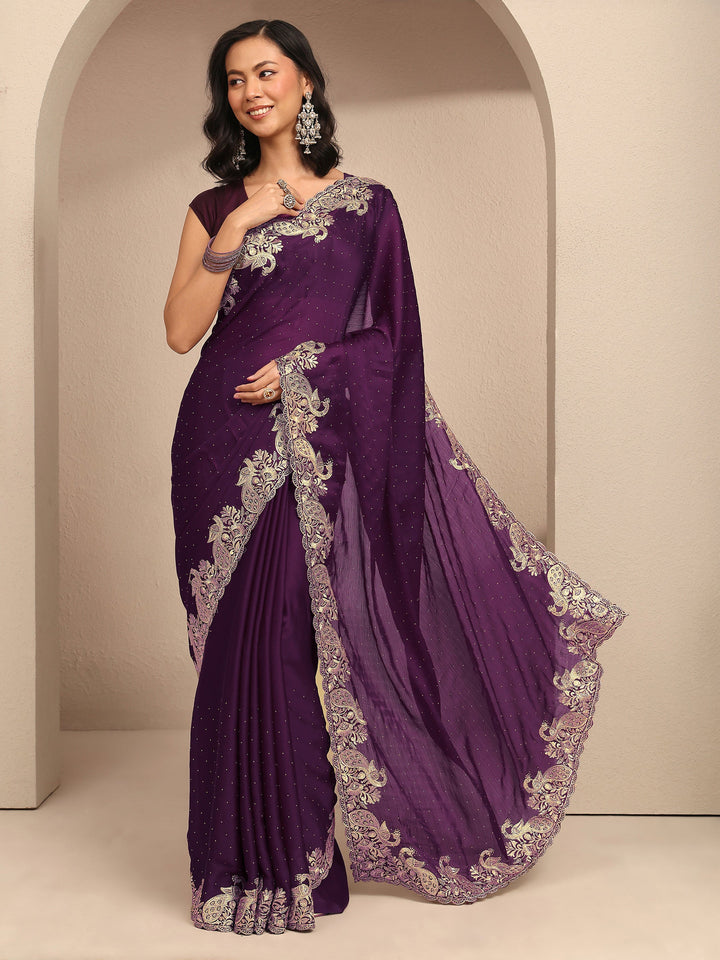 Purple Embellished Silk Blend Saree With Unstitched Blouse Piece