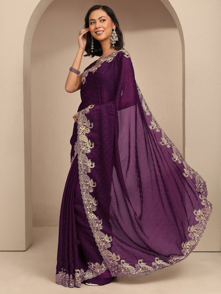 Purple Embellished Silk Blend Saree With Unstitched Blouse Piece