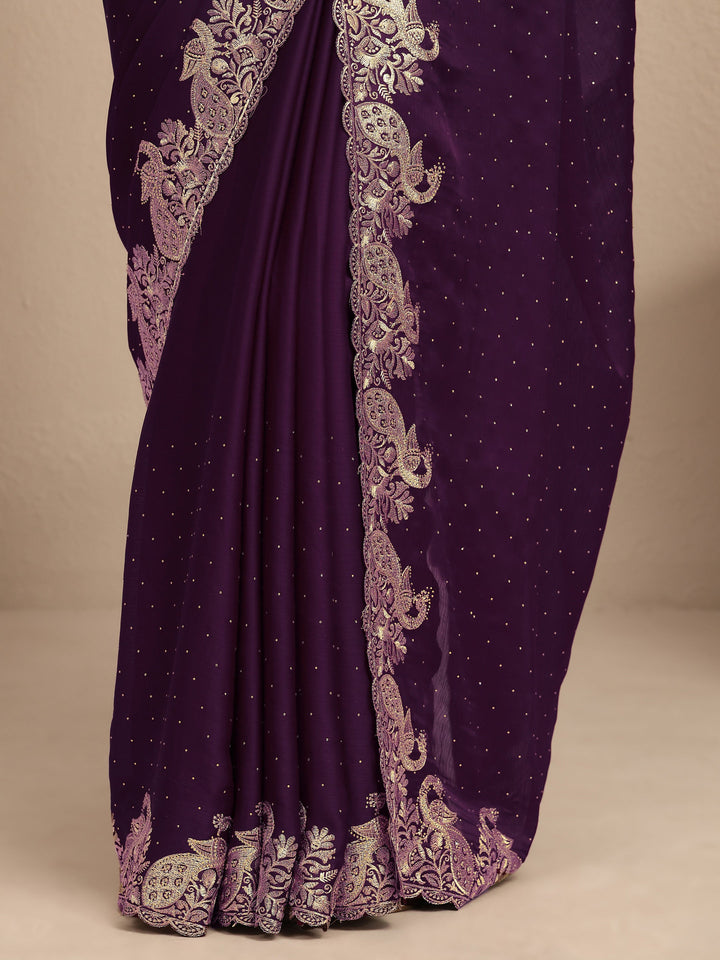 Purple Embellished Silk Blend Saree With Unstitched Blouse Piece