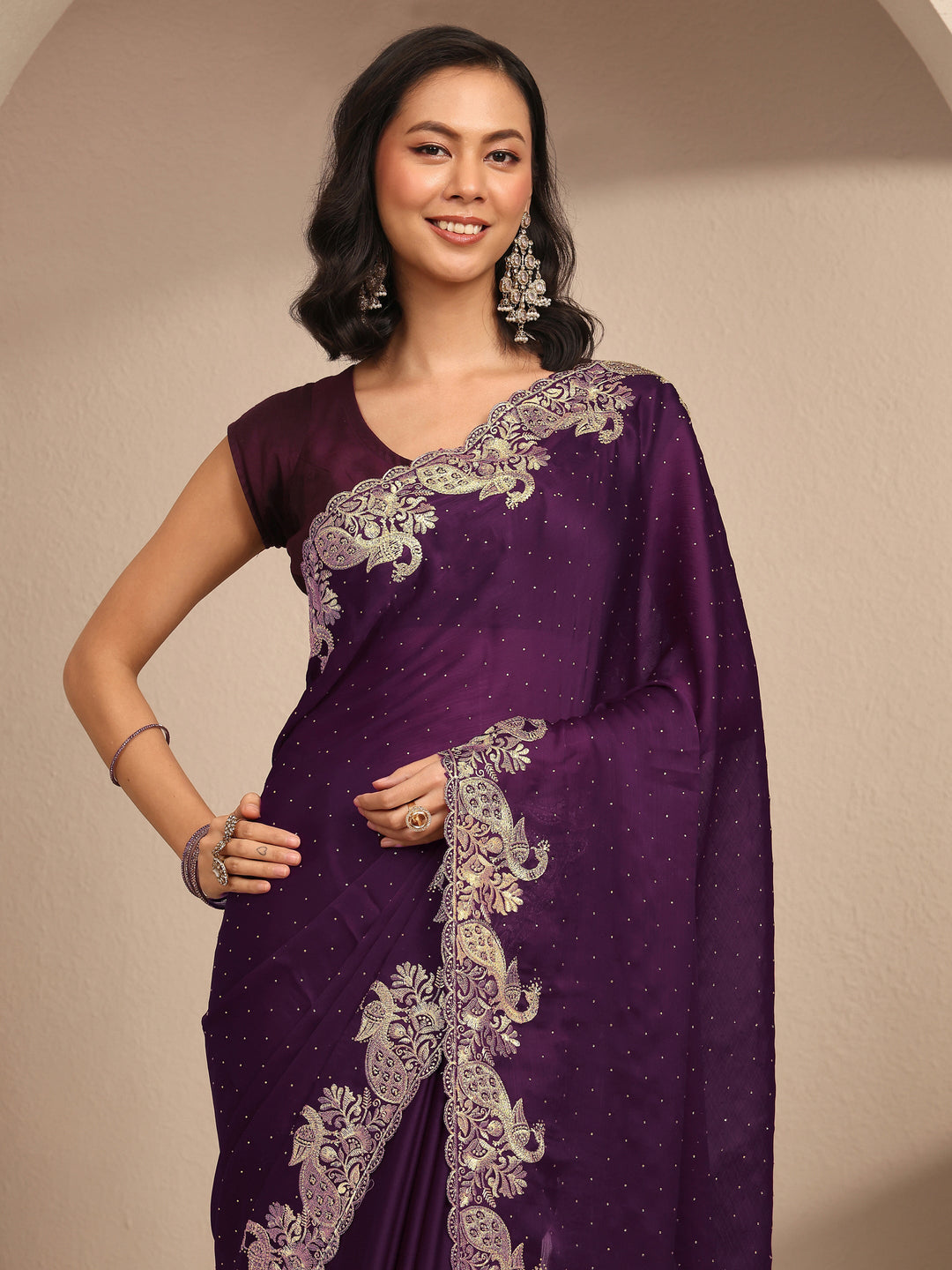 Purple Embellished Silk Blend Saree With Unstitched Blouse Piece
