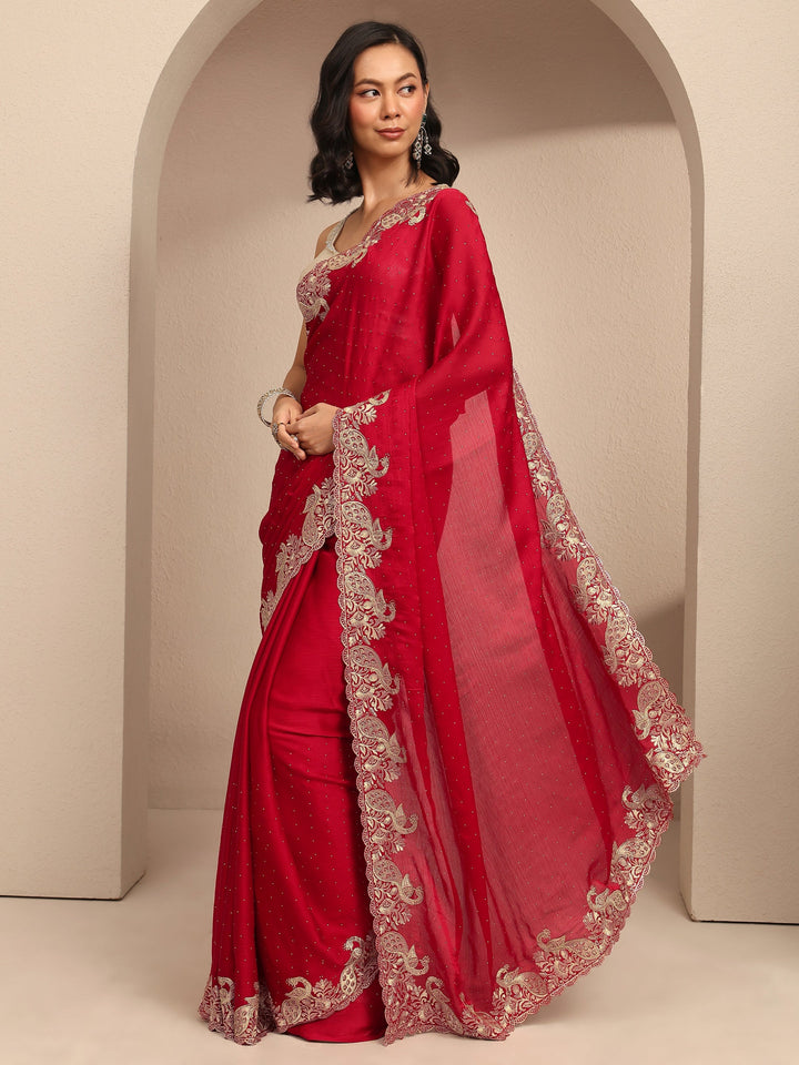 Red Embellished Silk Blend Saree With Unstitched Blouse Piece