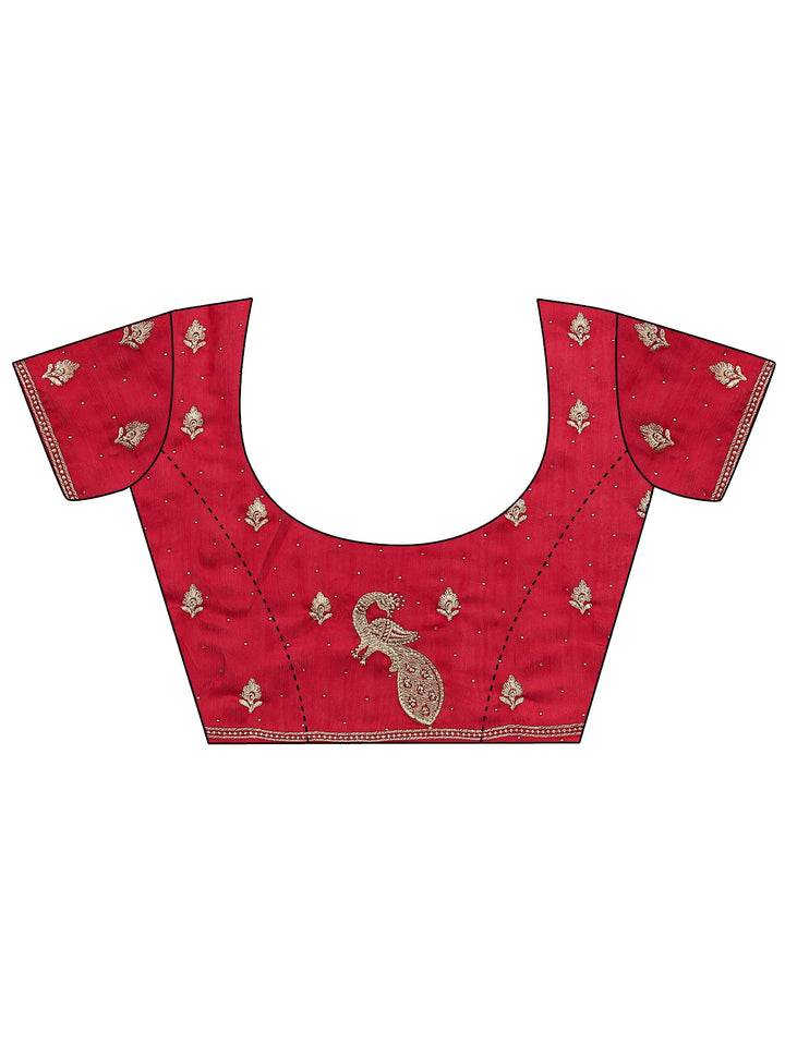 Red Embellished Silk Blend Saree With Unstitched Blouse Piece