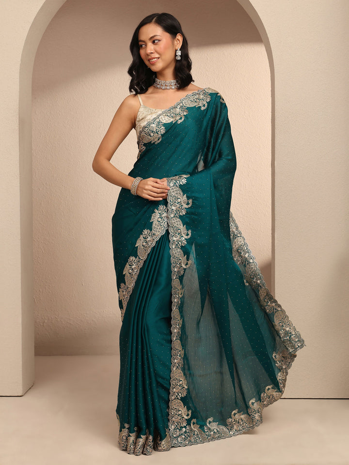 Blue Embellished Silk Blend Saree With Unstitched Blouse Piece