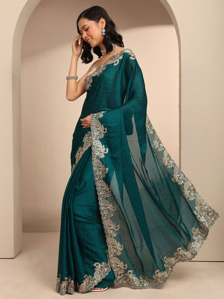 Blue Embellished Silk Blend Saree With Unstitched Blouse Piece