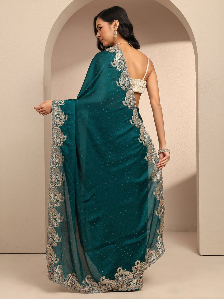 Blue Embellished Silk Blend Saree With Unstitched Blouse Piece