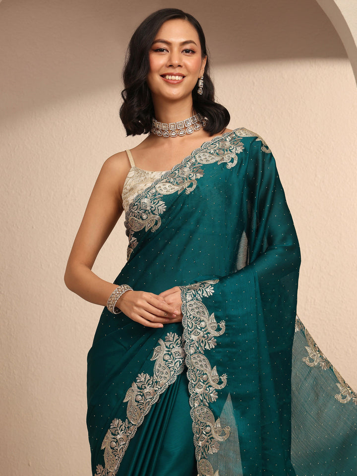 Blue Embellished Silk Blend Saree With Unstitched Blouse Piece