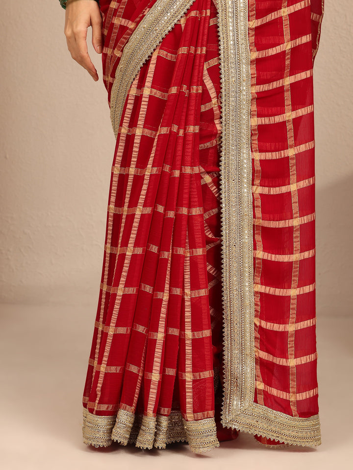 Red Geometric Woven Design Silk Blend Saree With Unstitched Blouse Piece
