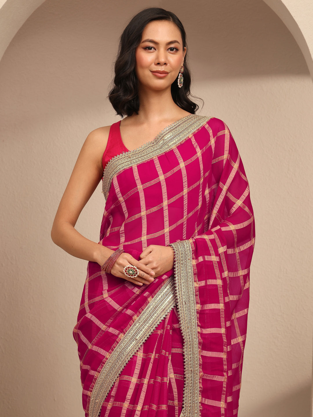 Pink Geometric Woven Design Silk Blend Saree With Unstitched Blouse Piece