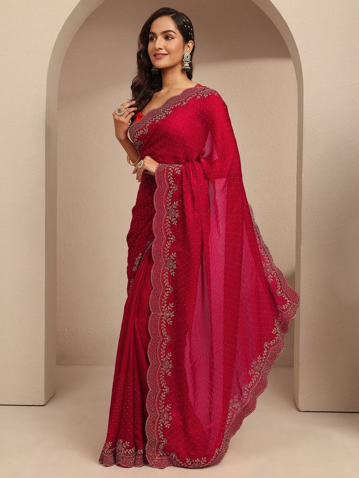 Red Embellished Silk Blend Saree With Unstitched Blouse Piece
