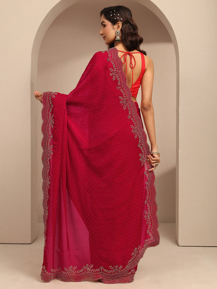 Red Embellished Silk Blend Saree With Unstitched Blouse Piece