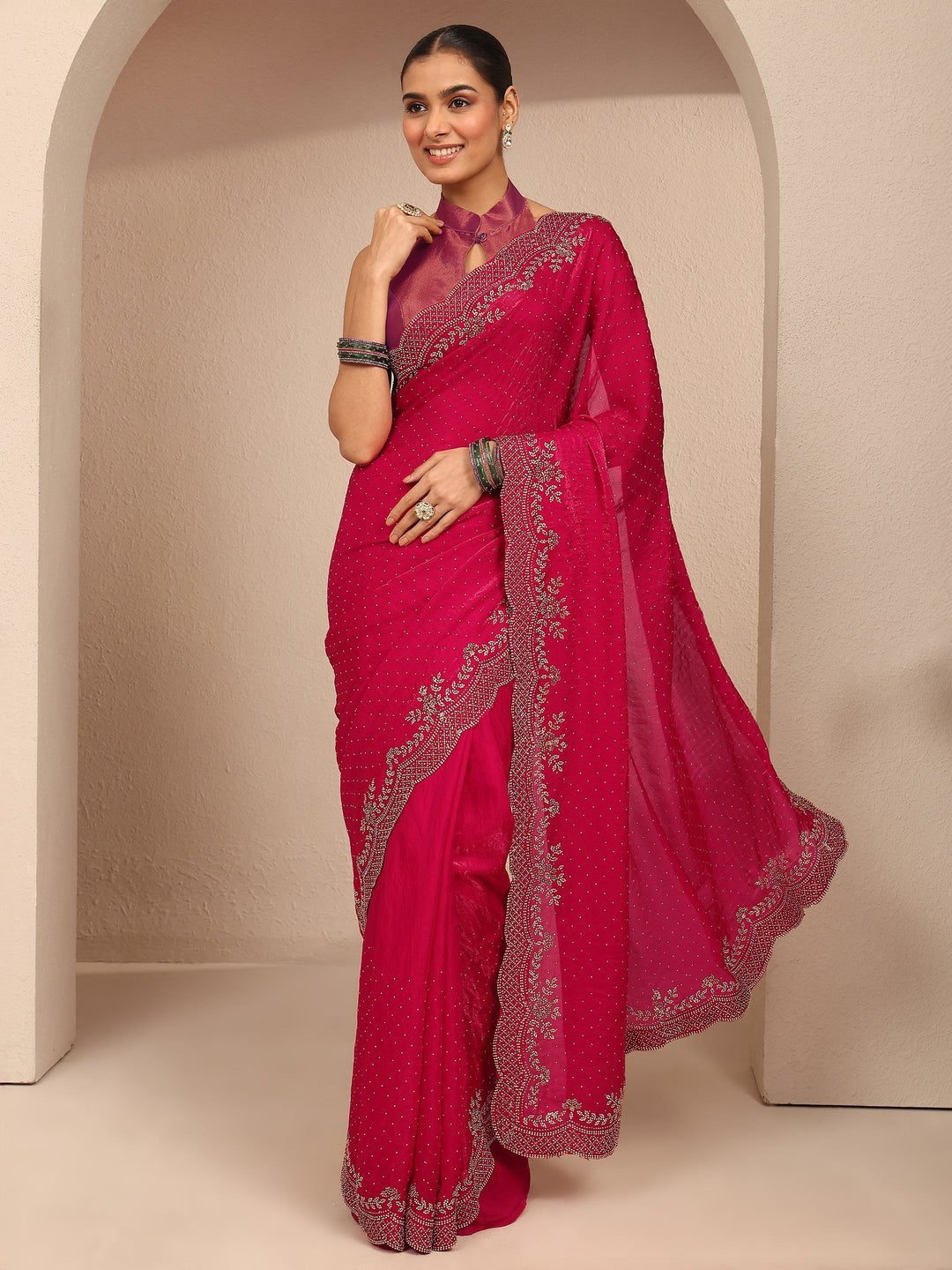 Pink Embellished Silk Blend Saree With Unstitched Blouse Piece
