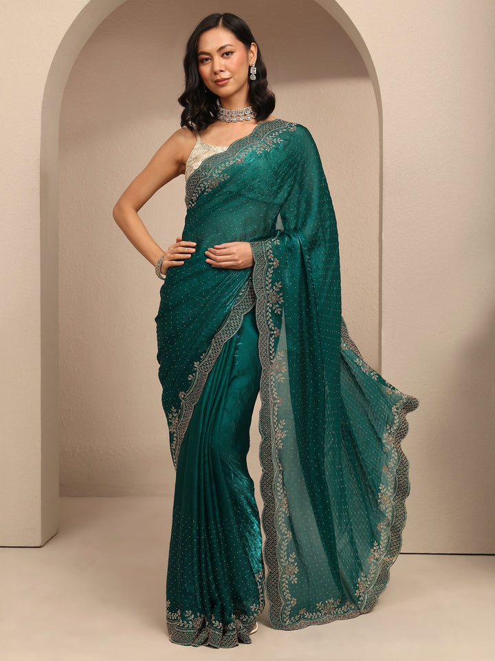 Blue Embellished Silk Blend Saree With Unstitched Blouse Piece