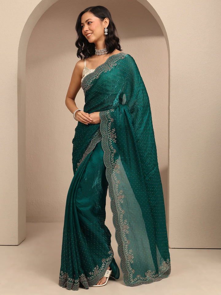 Blue Embellished Silk Blend Saree With Unstitched Blouse Piece