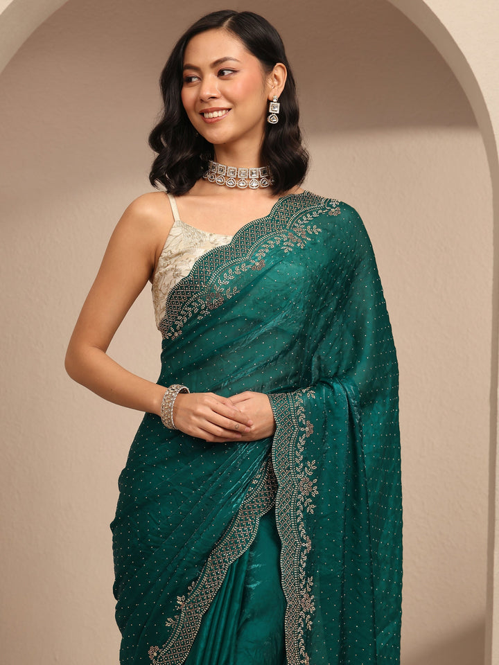 Blue Embellished Silk Blend Saree With Unstitched Blouse Piece