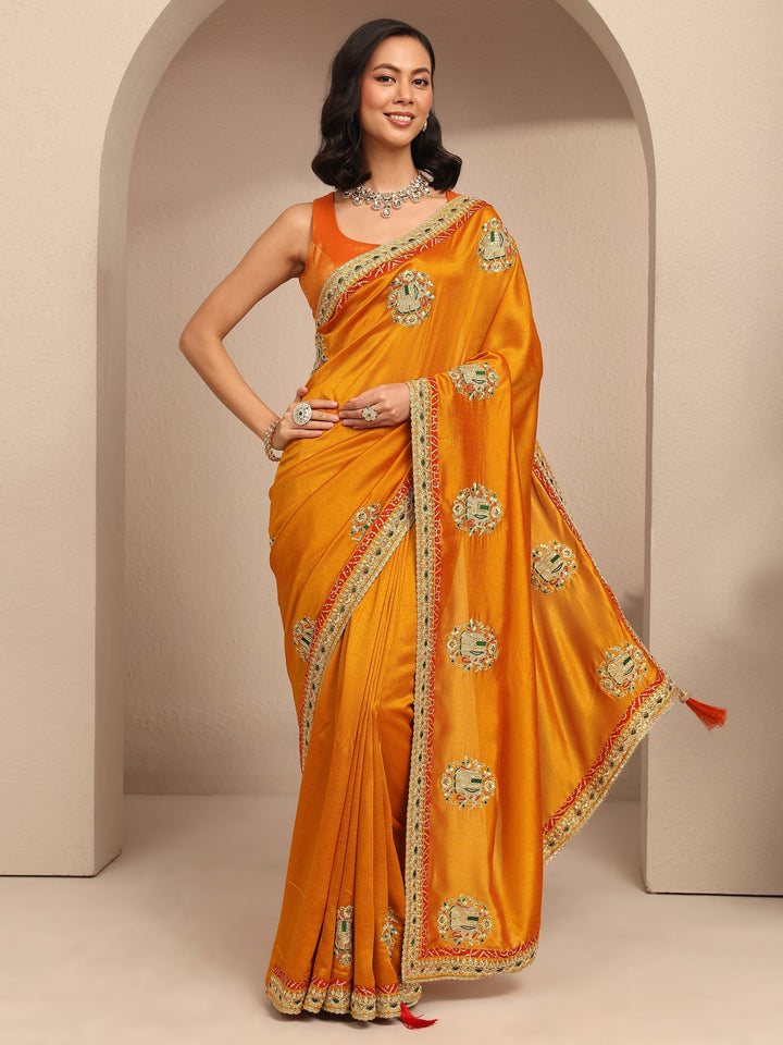 Mustard Embroidered Silk Blend Saree With Unstitched Blouse Piece