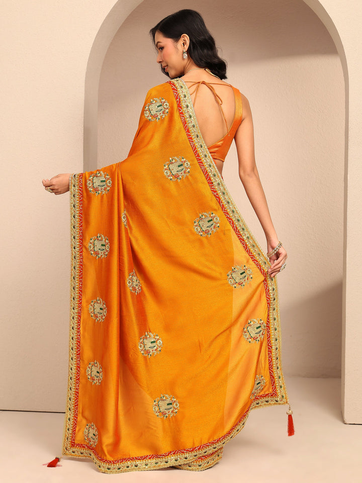 Mustard Embroidered Silk Blend Saree With Unstitched Blouse Piece