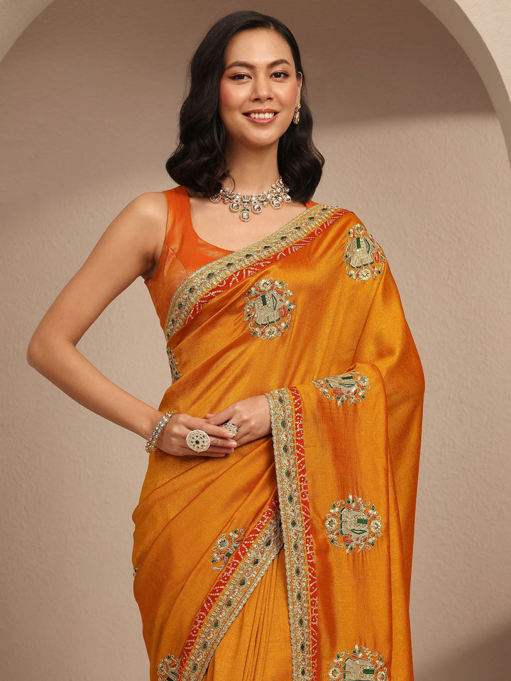 Mustard Embroidered Silk Blend Saree With Unstitched Blouse Piece