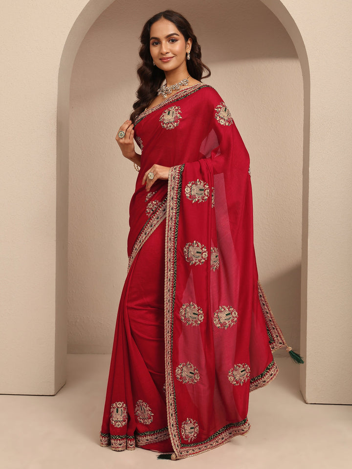 Red Embroidered Silk Blend Saree With Unstitched Blouse Piece