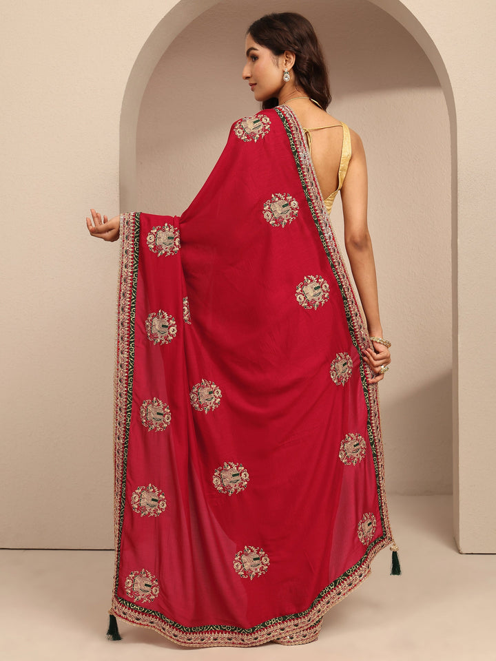 Red Embroidered Silk Blend Saree With Unstitched Blouse Piece
