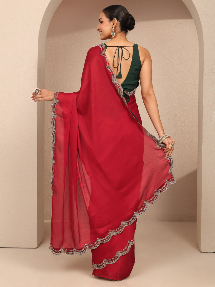 Red Solid Silk Blend Saree With Unstitched Blouse Piece
