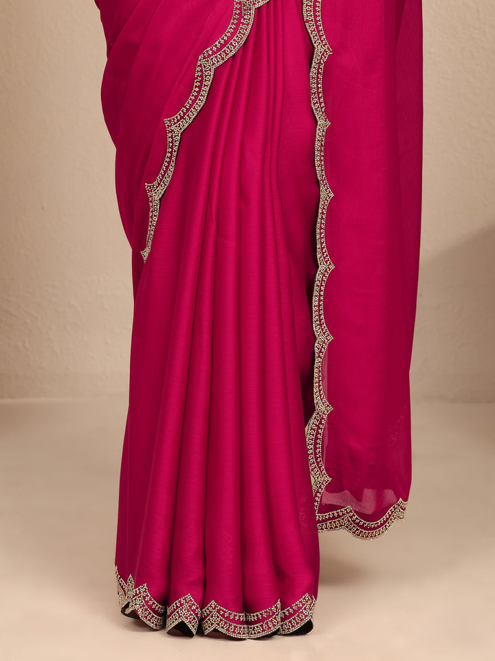 Pink Solid Silk Blend Saree With Unstitched Blouse Piece