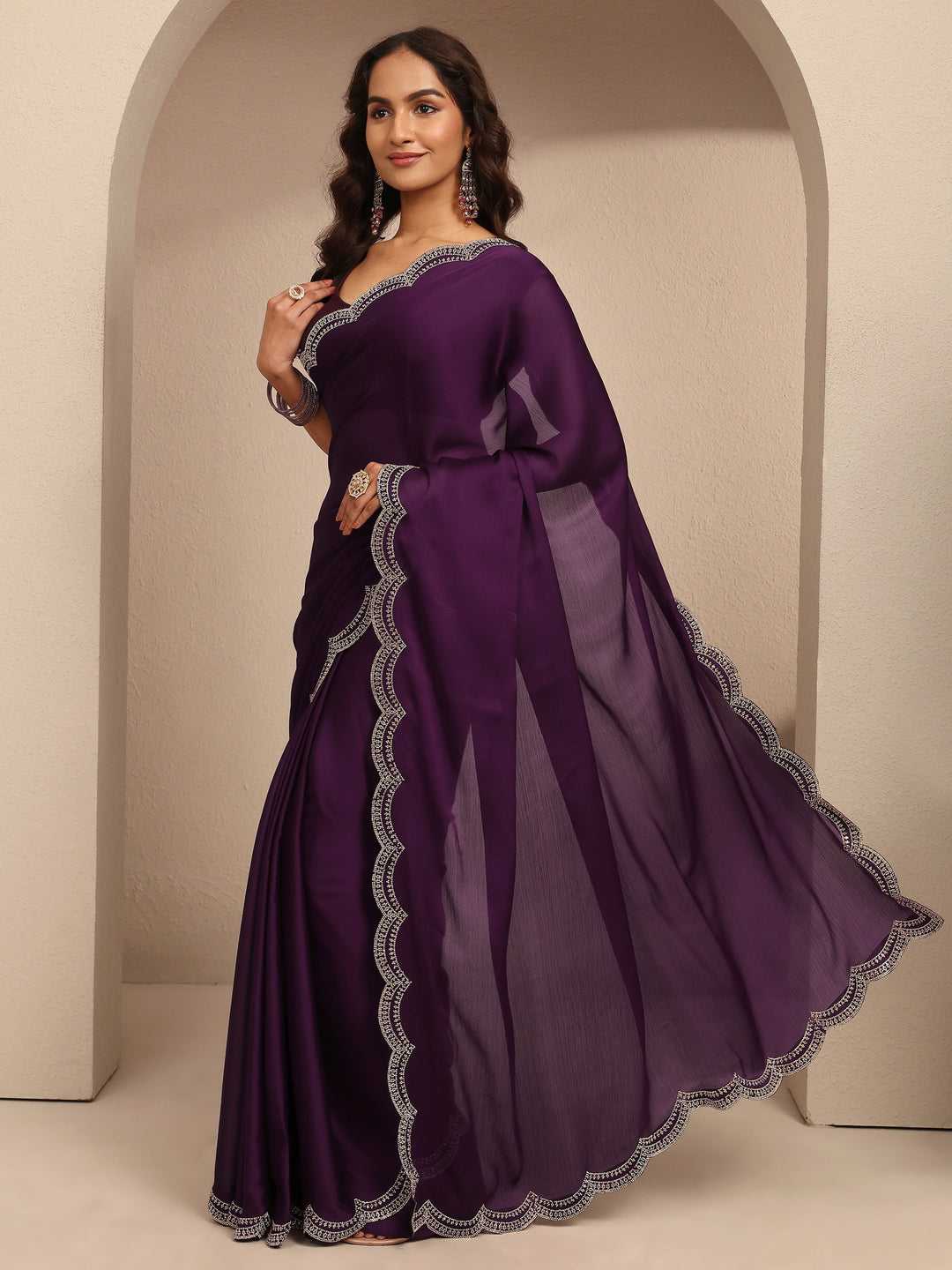 Purple Solid Silk Blend Saree With Unstitched Blouse Piece