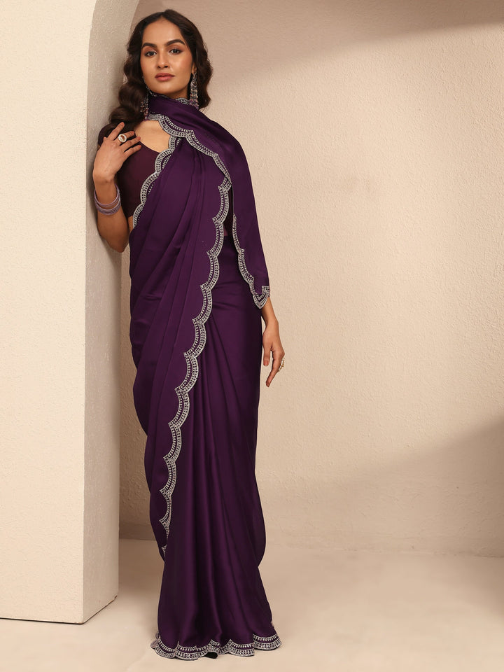 Purple Solid Silk Blend Saree With Unstitched Blouse Piece