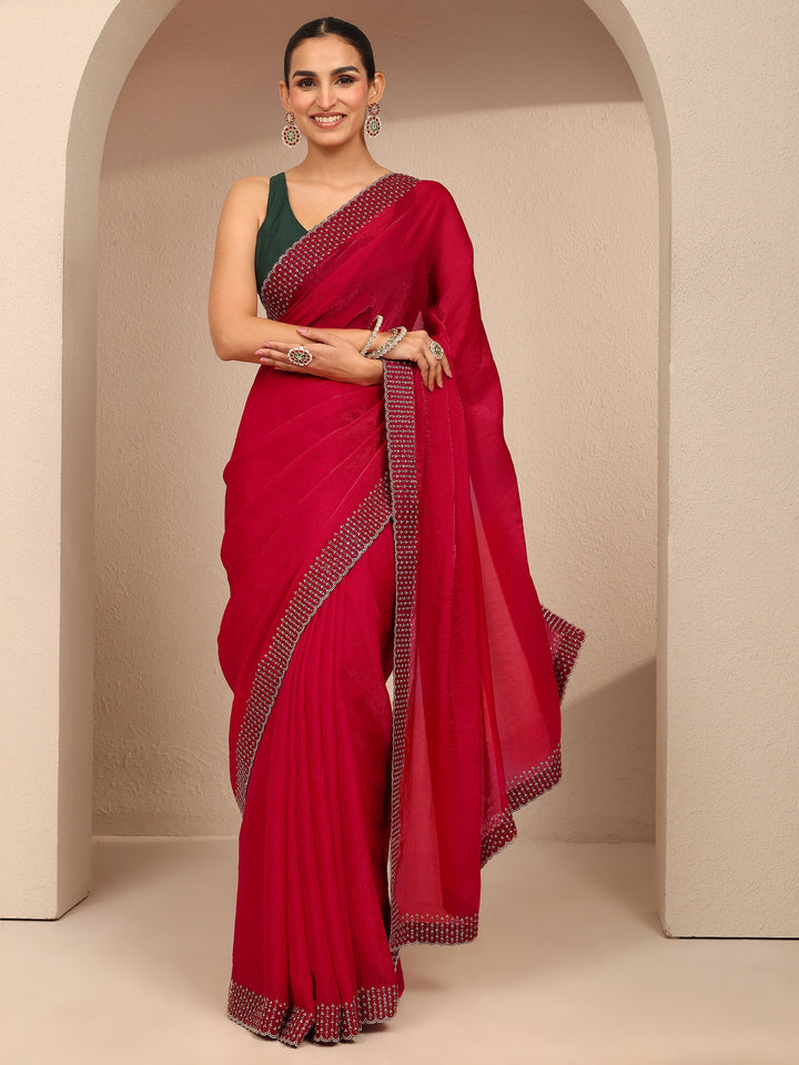 Red Solid Silk Blend Saree With Unstitched Blouse Piece