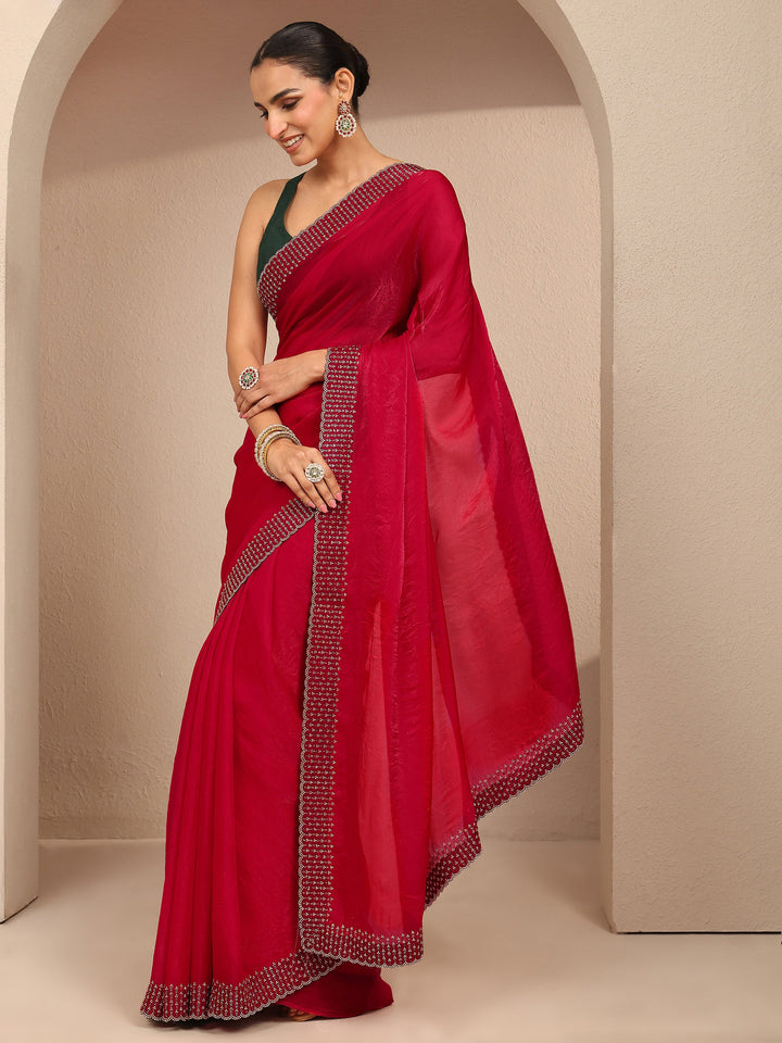 Red Solid Silk Blend Saree With Unstitched Blouse Piece