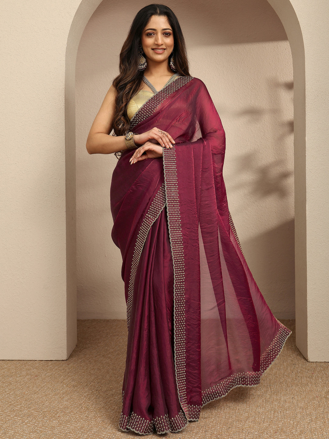 Maroon Embellished Silk Blend Saree With Unstitched Blouse Piece