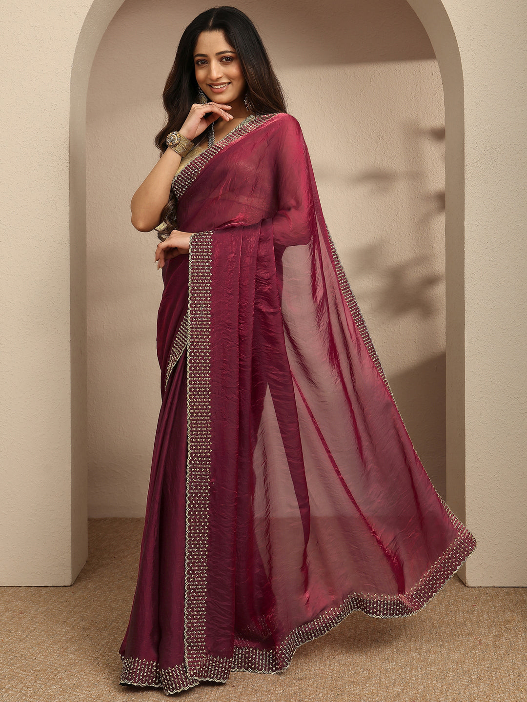 Maroon Embellished Silk Blend Saree With Unstitched Blouse Piece