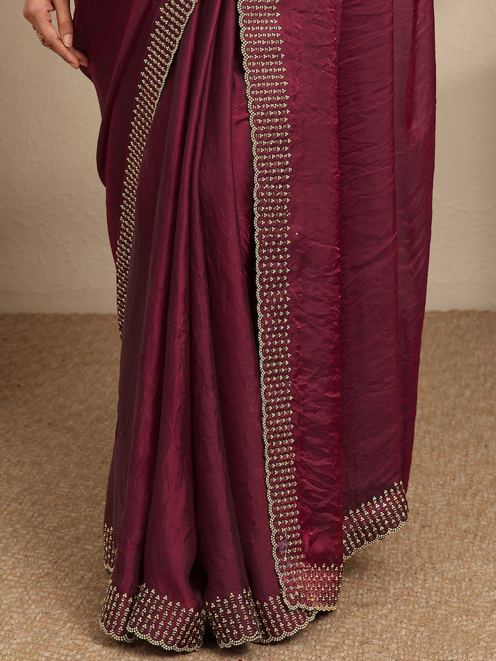 Maroon Embellished Silk Blend Saree With Unstitched Blouse Piece