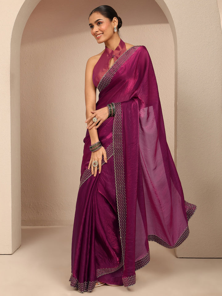 Burgundy Solid Silk Blend Saree With Unstitched Blouse Piece