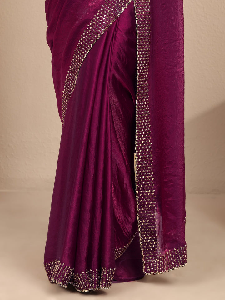 Burgundy Solid Silk Blend Saree With Unstitched Blouse Piece