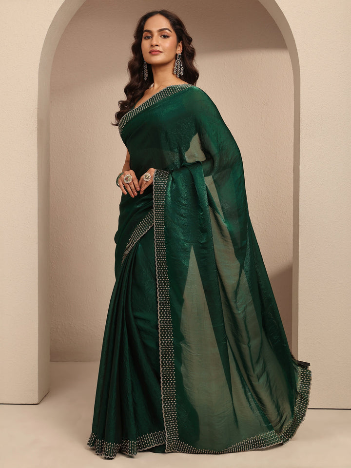 Green Solid Silk Blend Saree With Unstitched Blouse Piece