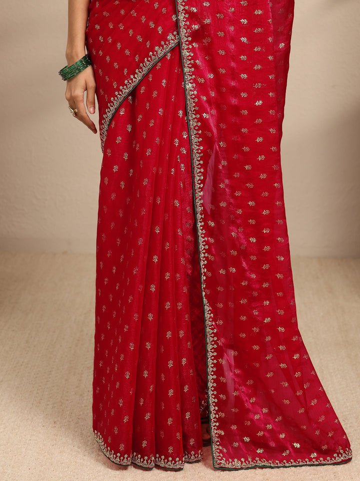 Red Floral Printed Silk Blend Saree With Unstitched Blouse Piece