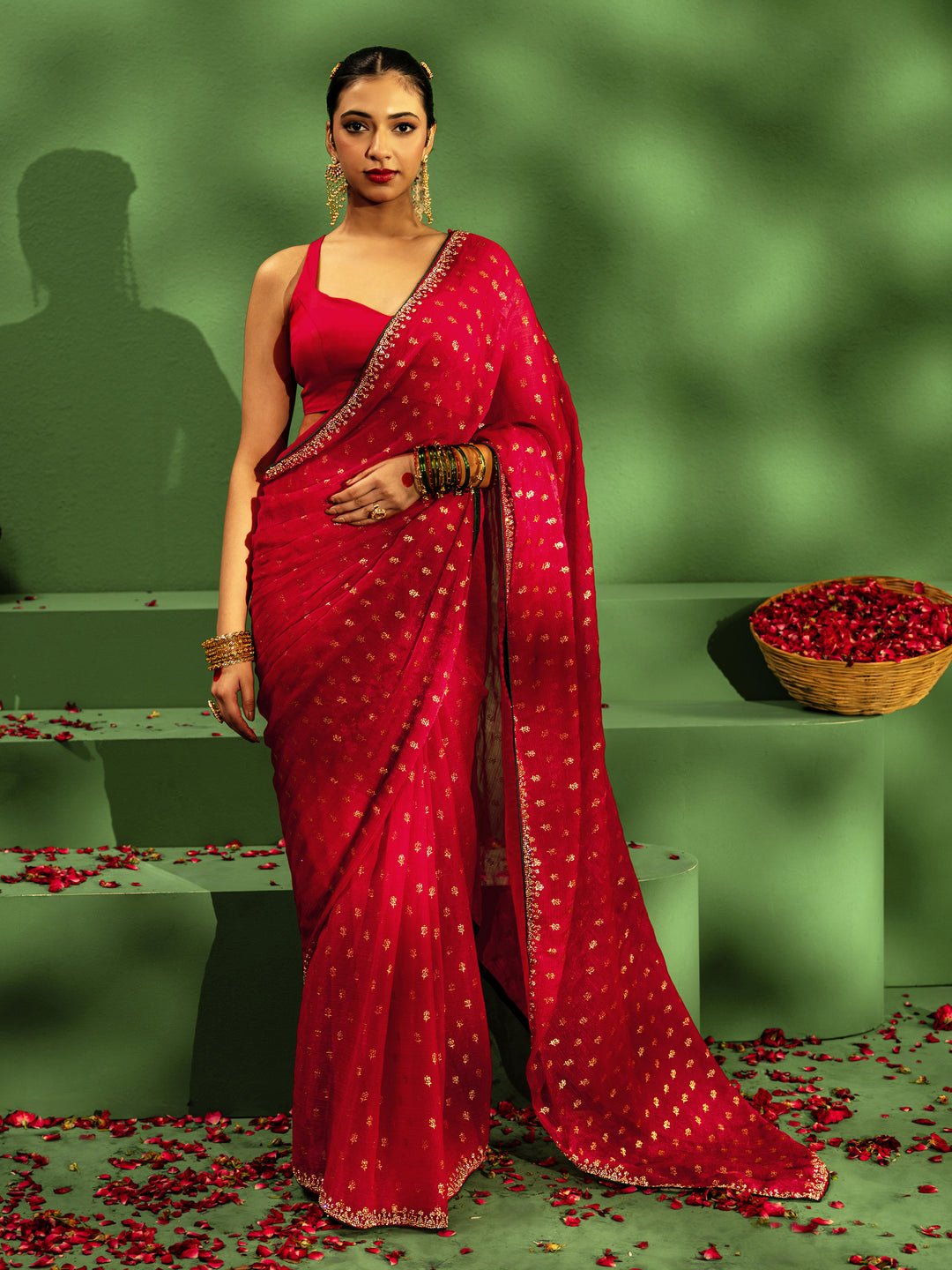 Libas Sadhvi Red Floral Printed Silk Blend Saree With Unstitched Blouse Piece
