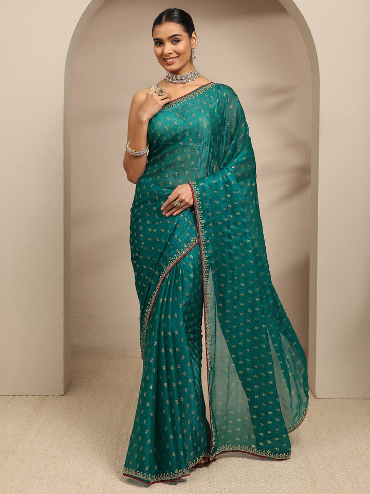 Blue Floral Printed Silk Blend Saree With Unstitched Blouse Piece