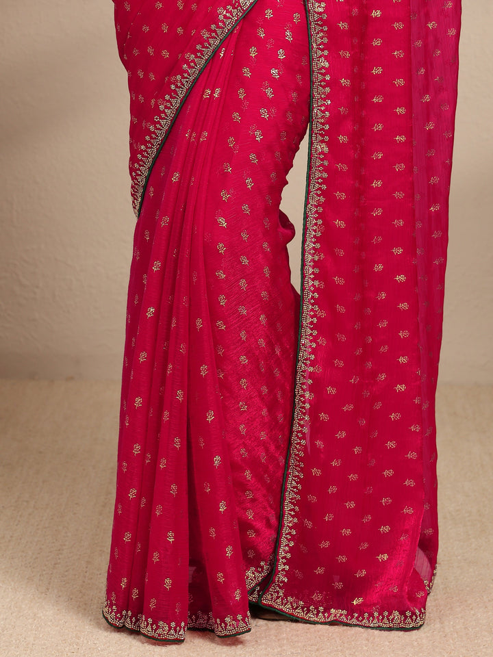 Pink Floral Printed Silk Blend Saree With Unstitched Blouse Piece