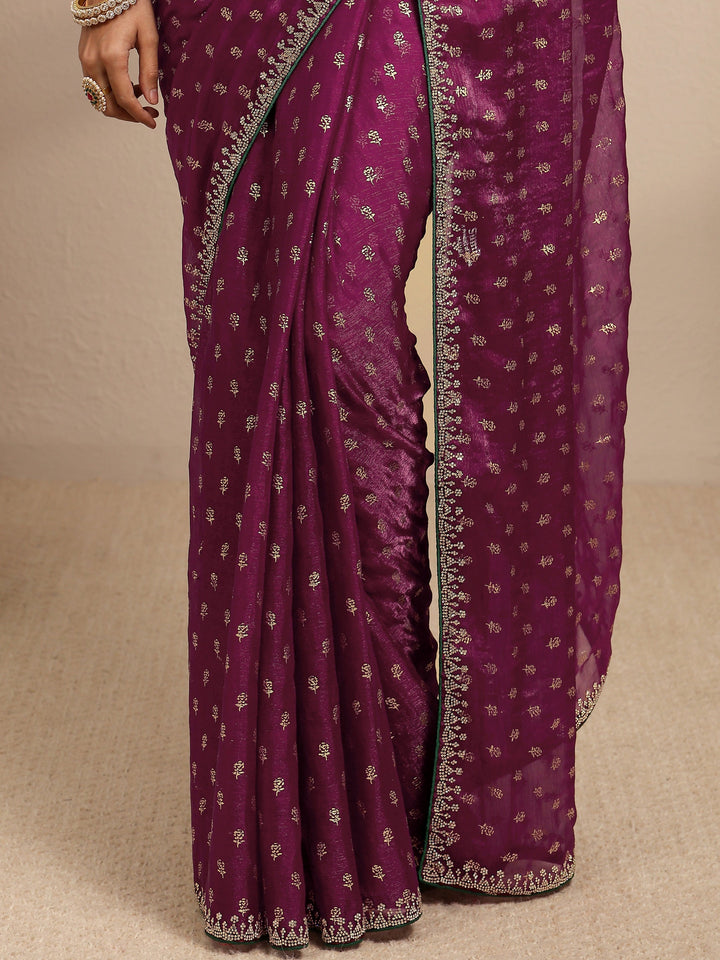 Burgundy Floral Printed Silk Blend Saree With Unstitched Blouse Piece
