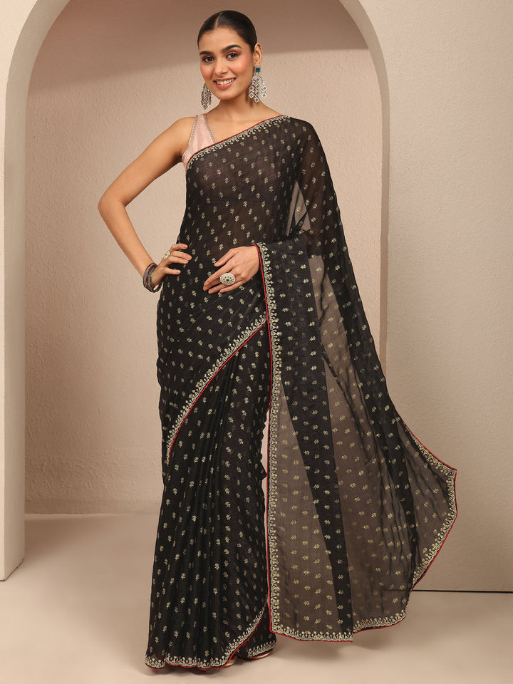 Black Printed Silk Blend Saree With Unstitched Blouse Piece