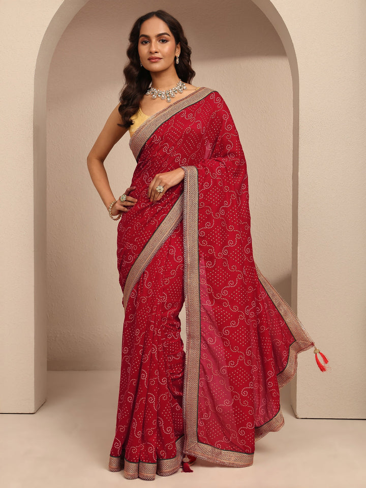 Red Bandhani Printed Silk Blend Saree With Unstitched Blouse Piece