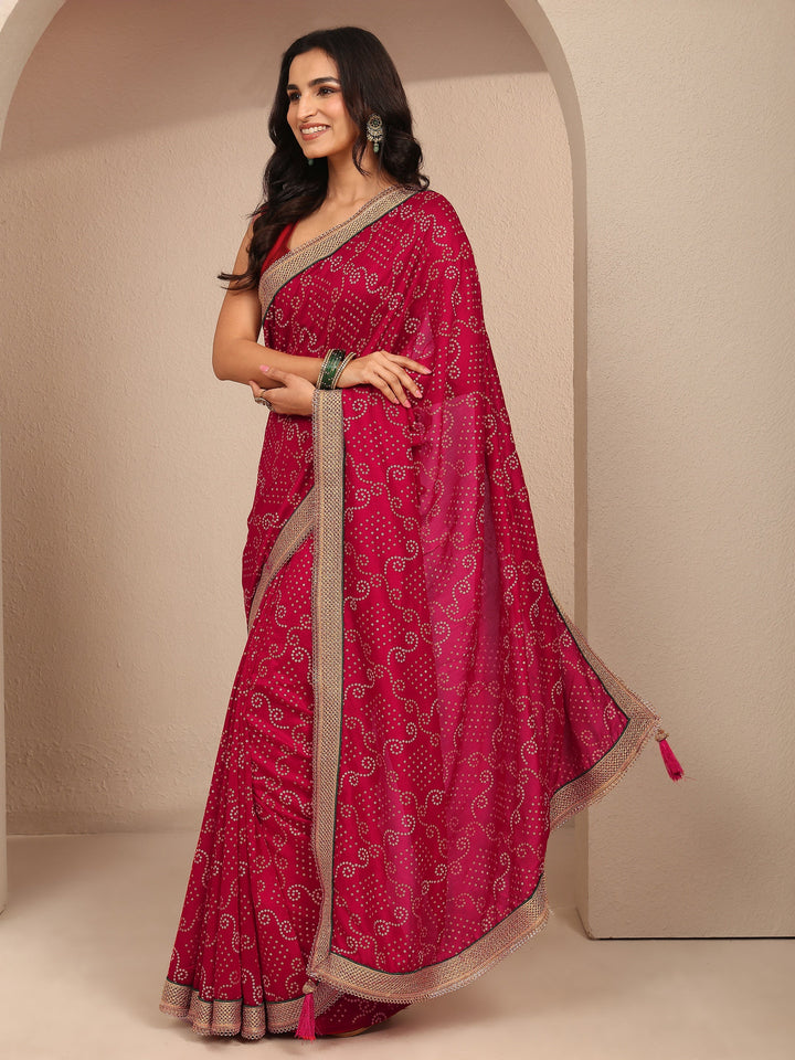 Pink Bandhani Printed Silk Blend Saree With Unstitched Blouse Piece