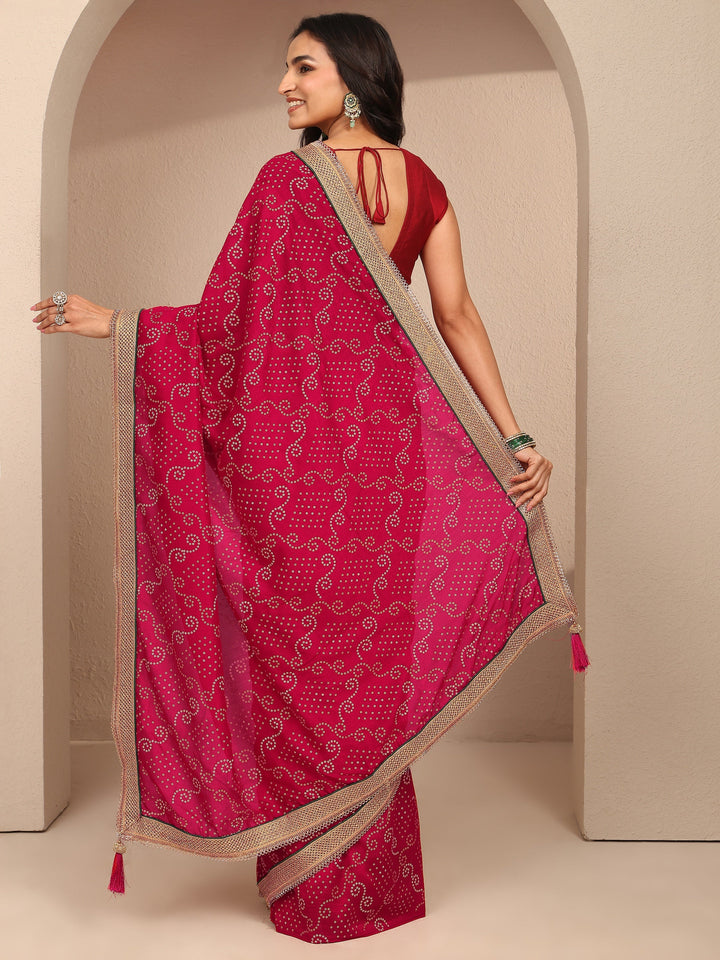 Pink Bandhani Printed Silk Blend Saree With Unstitched Blouse Piece