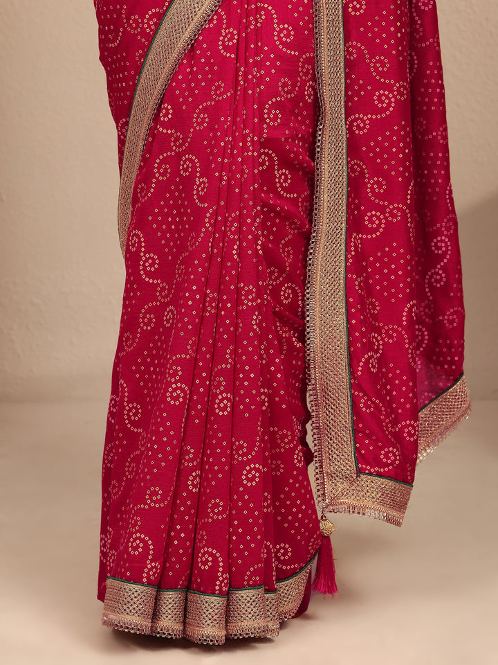 Pink Bandhani Printed Silk Blend Saree With Unstitched Blouse Piece