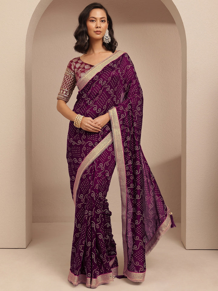 Purple Bandhani Printed Silk Blend Saree With Unstitched Blouse Piece