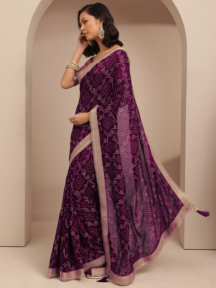 Purple Bandhani Printed Silk Blend Saree With Unstitched Blouse Piece