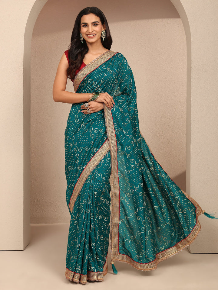 Blue Bandhani Printed Silk Blend Saree With Unstitched Blouse Piece